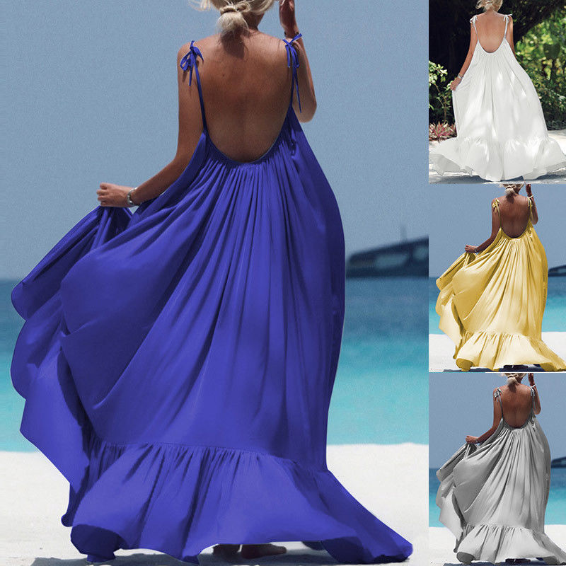 Solid Color 155cm Women's Beachwear Dresses , Sling Backless Casual Beach Maxi Dresses
